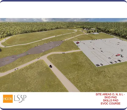 Aerial view of a large outdoor vehicle training area featuring a skid pad, skills pad, and an EVOC course marked with several cars and pathways on grassy terrain.