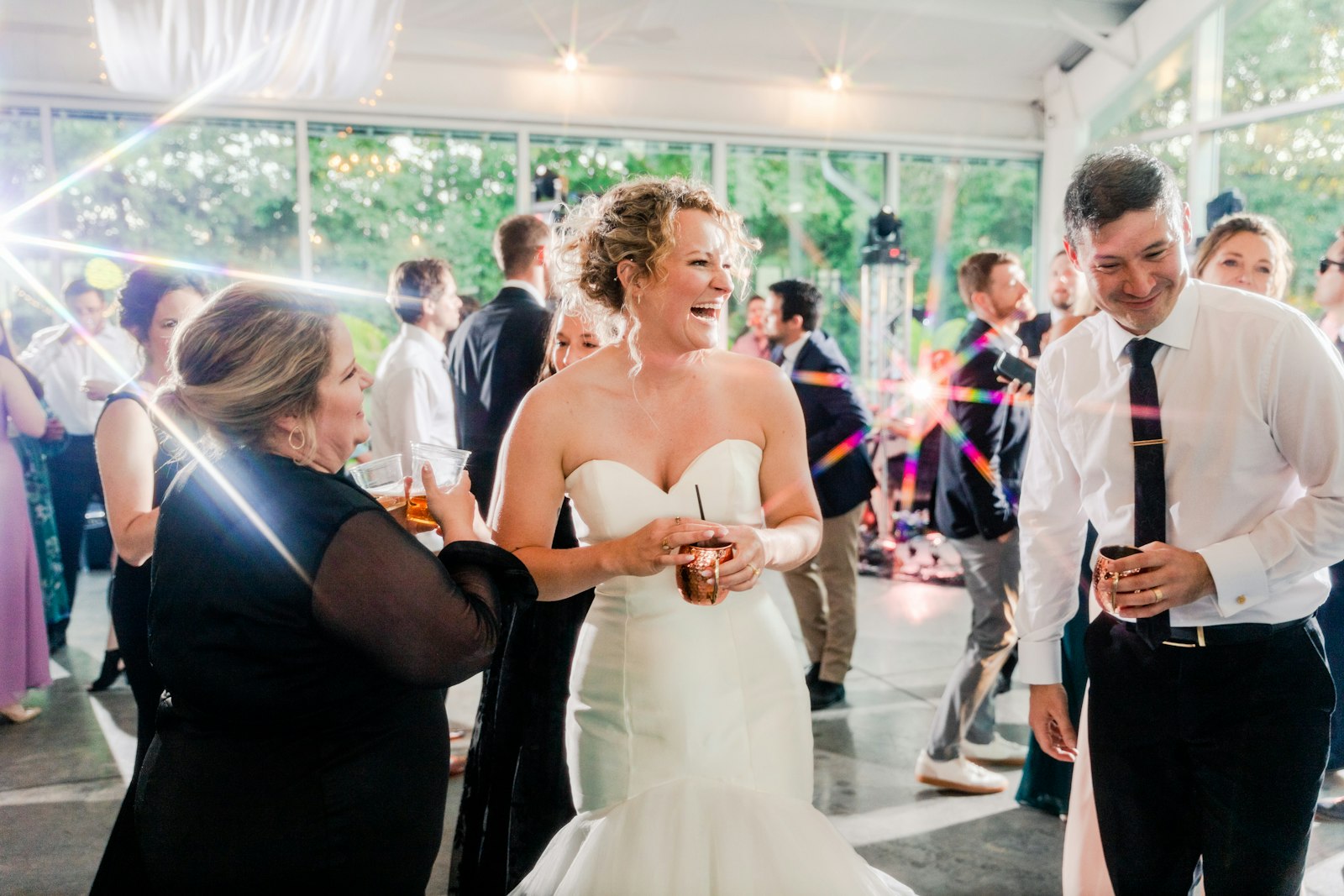 Bride and groom laughing together