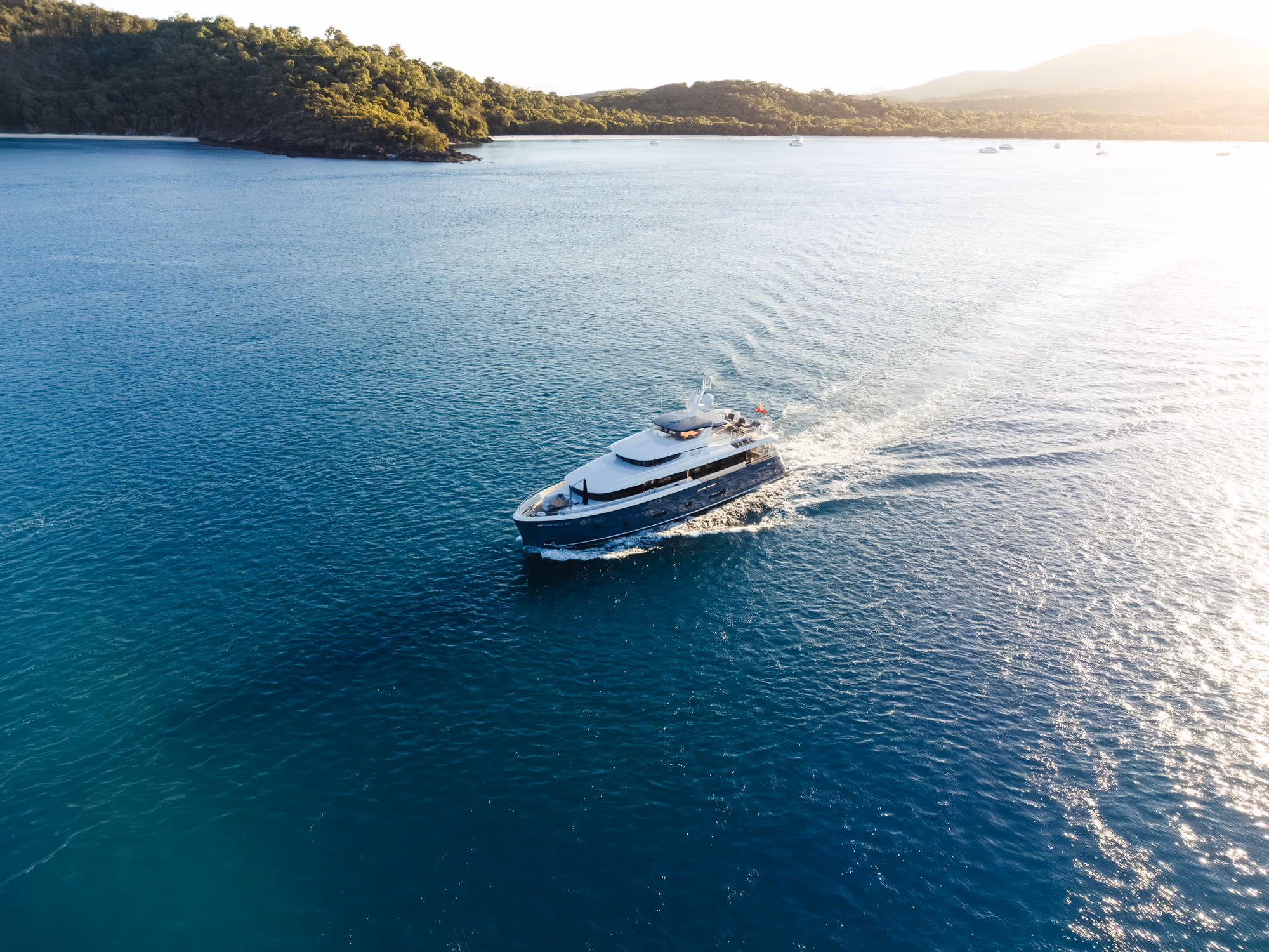 A white and blue yacht cruising through calm blue waters leaving a wake behind, with a green forested coastline and hills in the background under a bright sky.