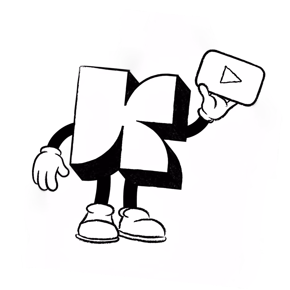 Personnage de dessin animé en forme de moulinet tenant une icône de bouton de lecture dans une main.