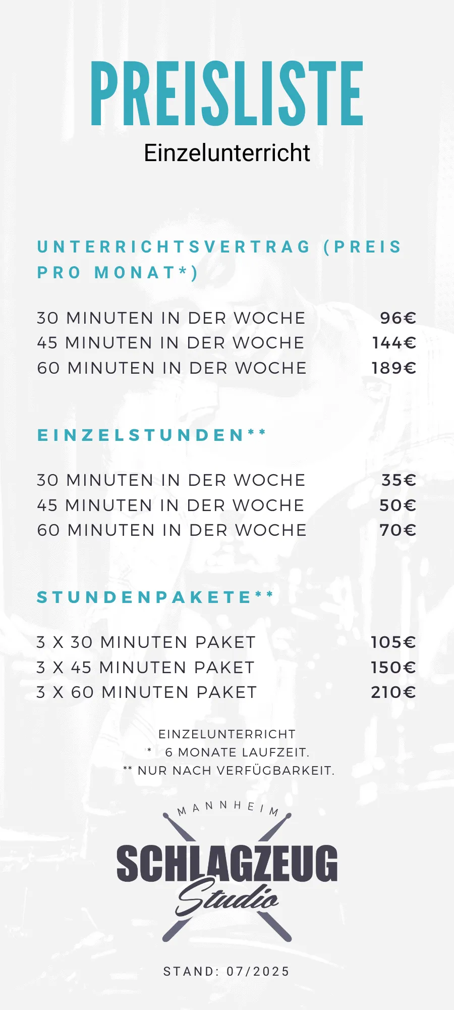 Preisliste Schlagzeugstudio Mannheim