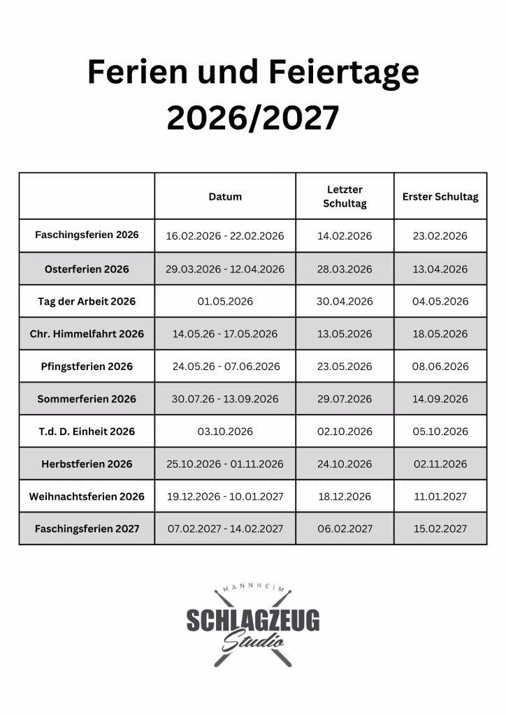 Ferien und Feiertage Schlagzeugstudio Mannheim