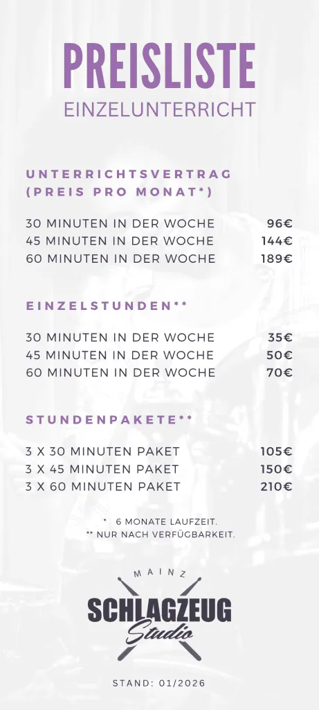 Preisliste Schlagzeugstudio Mainz
