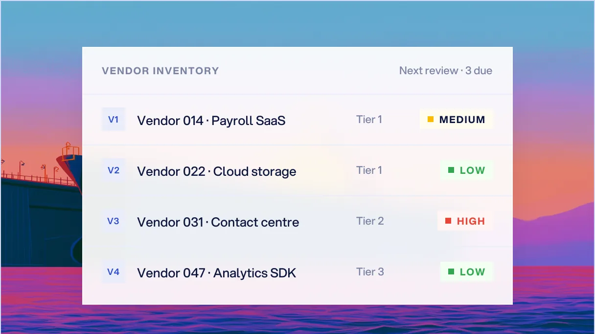 Enterprise Governance vendor inventory panel over a painted harbour