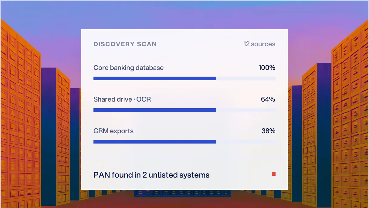 Data Governance discovery scan panel over painted archive towers