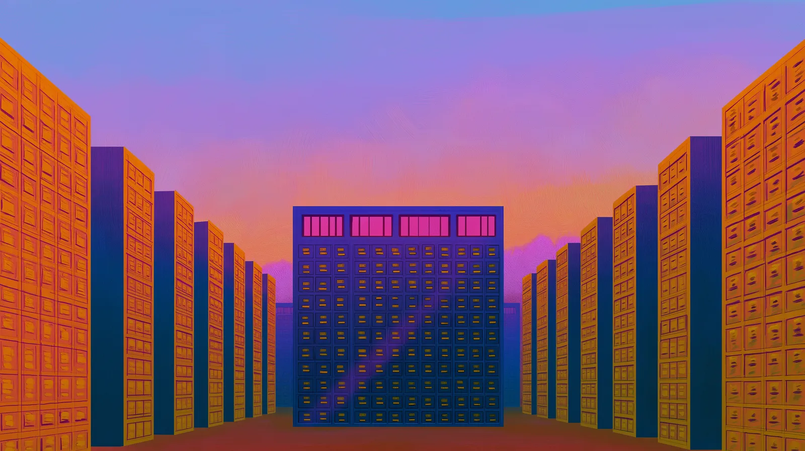 Painted illustration of tall towers in rows at dusk, with one tower lit in the centre.
