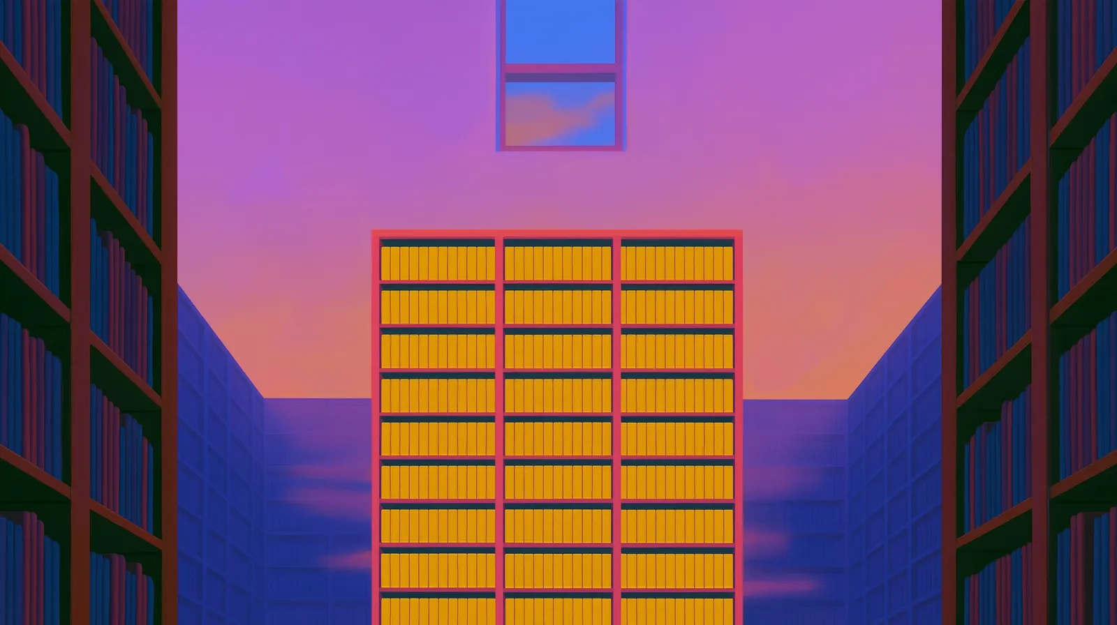 Painted illustration of a tall lit building between two rows of towers at sunset.
