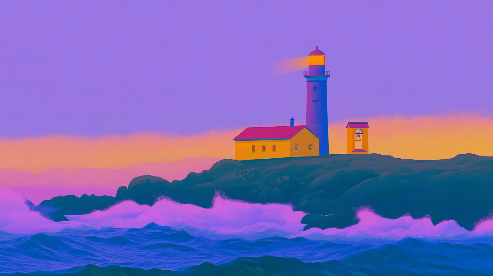 Painted illustration of a lighthouse on a rocky headland above crashing waves at sunset.