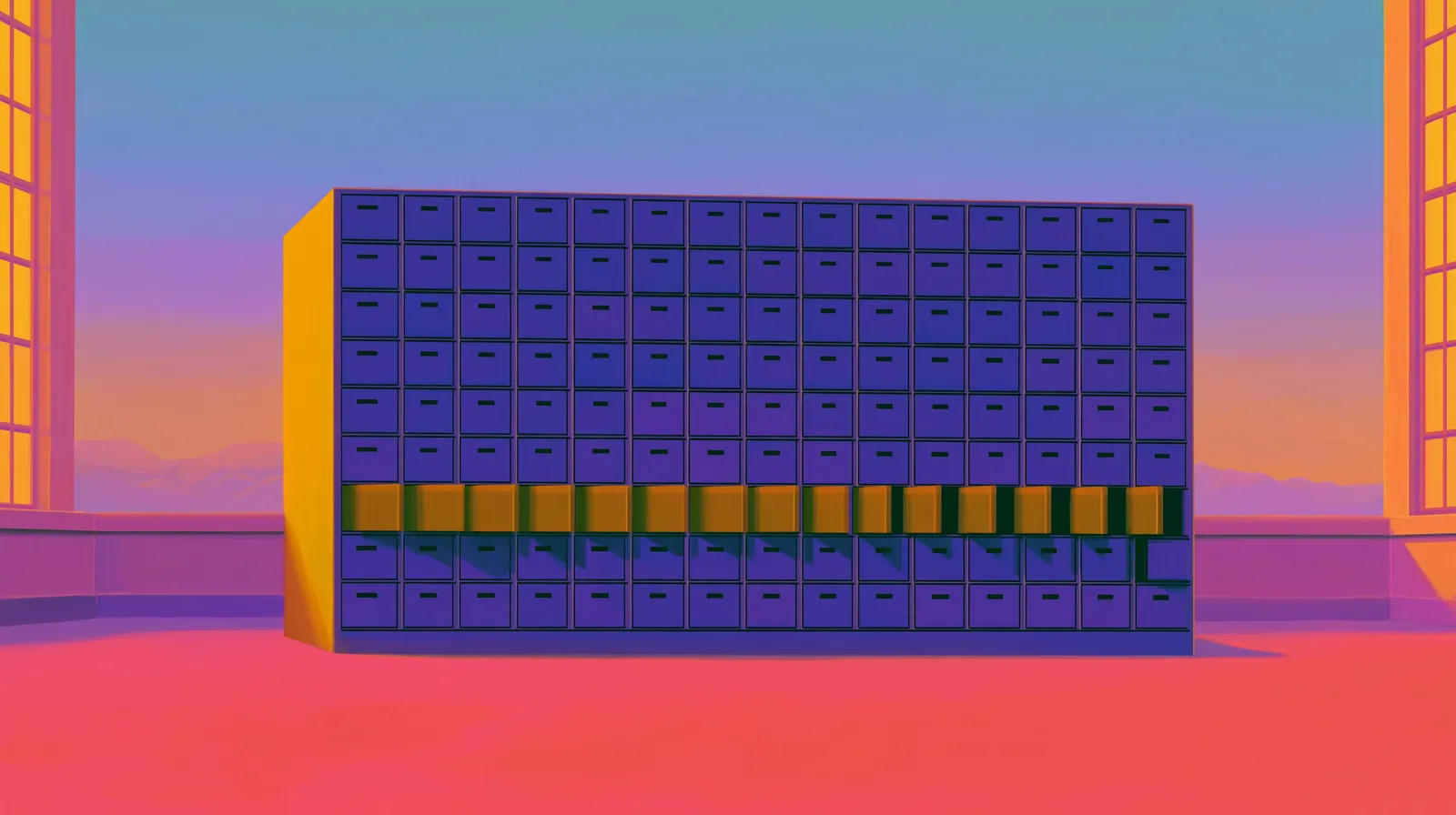 Painted illustration of a grid-faced building standing on an open pink plain at sunset.