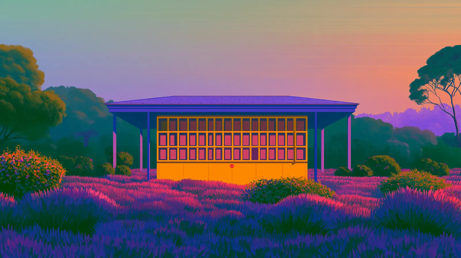 Painted illustration of a long, low building with lit windows in a lavender field at dusk.