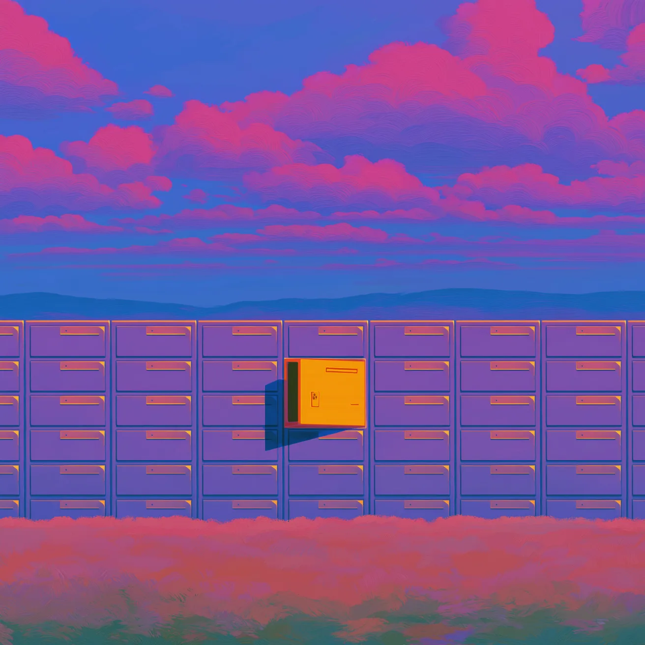 Painted wall of drawers under a pink sky, one drawer glowing