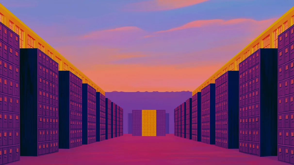 A wide aisle of tall painted archive cabinets running toward a single glowing door