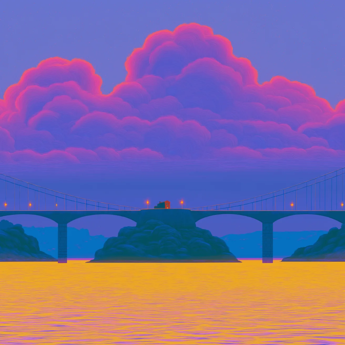 Pink and violet clouds over a painted stone bridge and a golden river