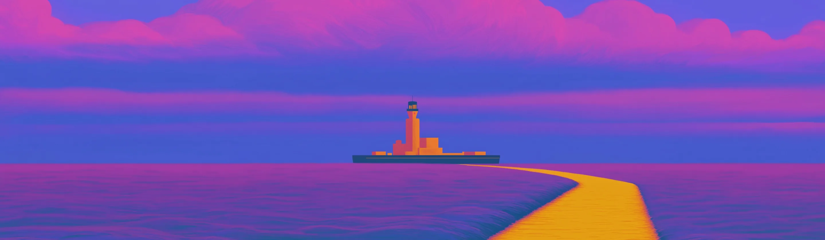 A wide painted sea at dusk with a lighthouse at the end of a golden path