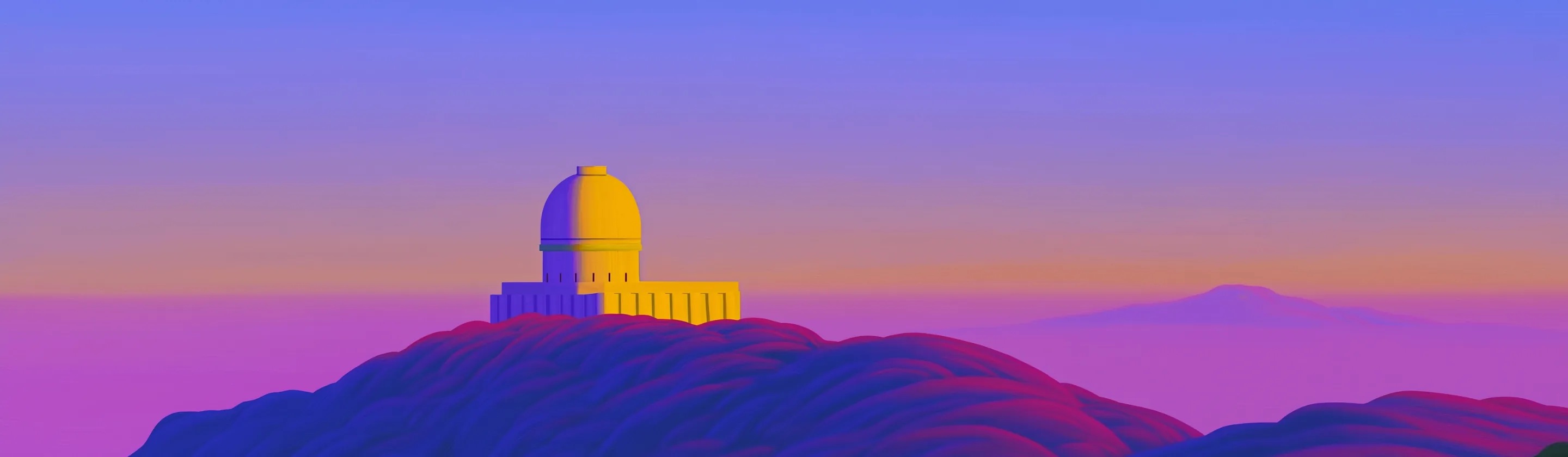A small domed observatory on a distant hill at dusk