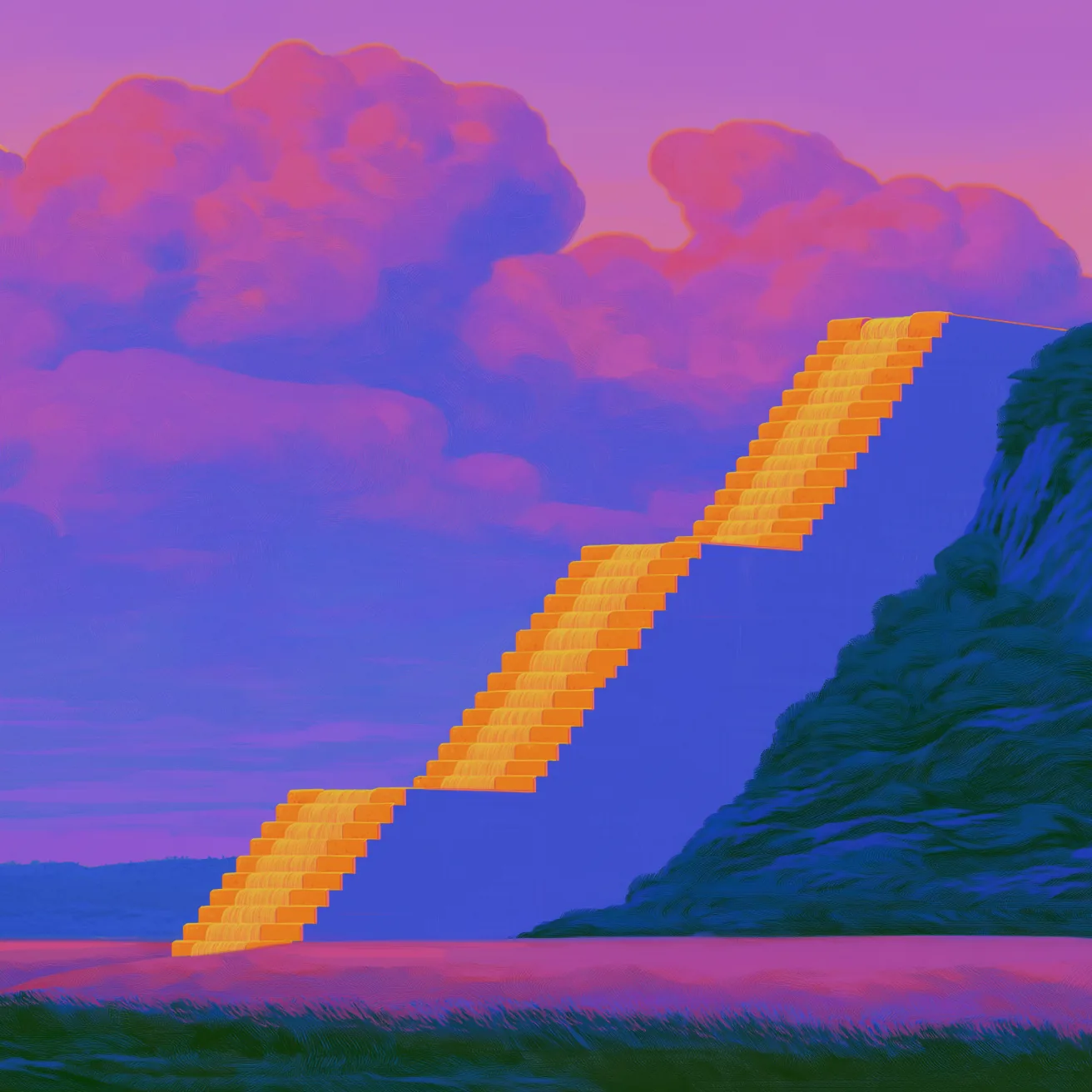 A long golden staircase climbing a painted hillside beneath pink clouds