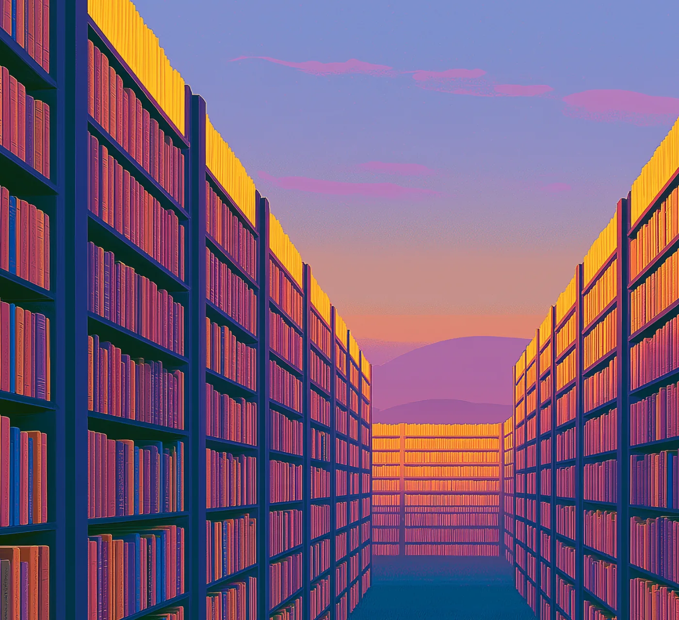 Long library aisles of shelved records leading to a glowing horizon