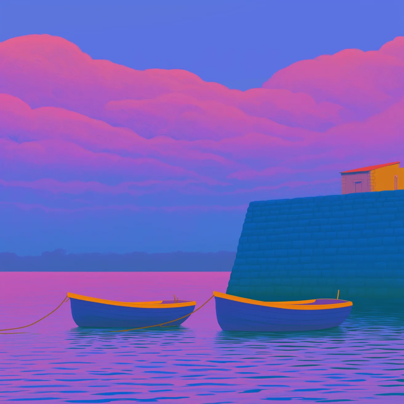 Two rowing boats moored by a stone jetty on still violet water