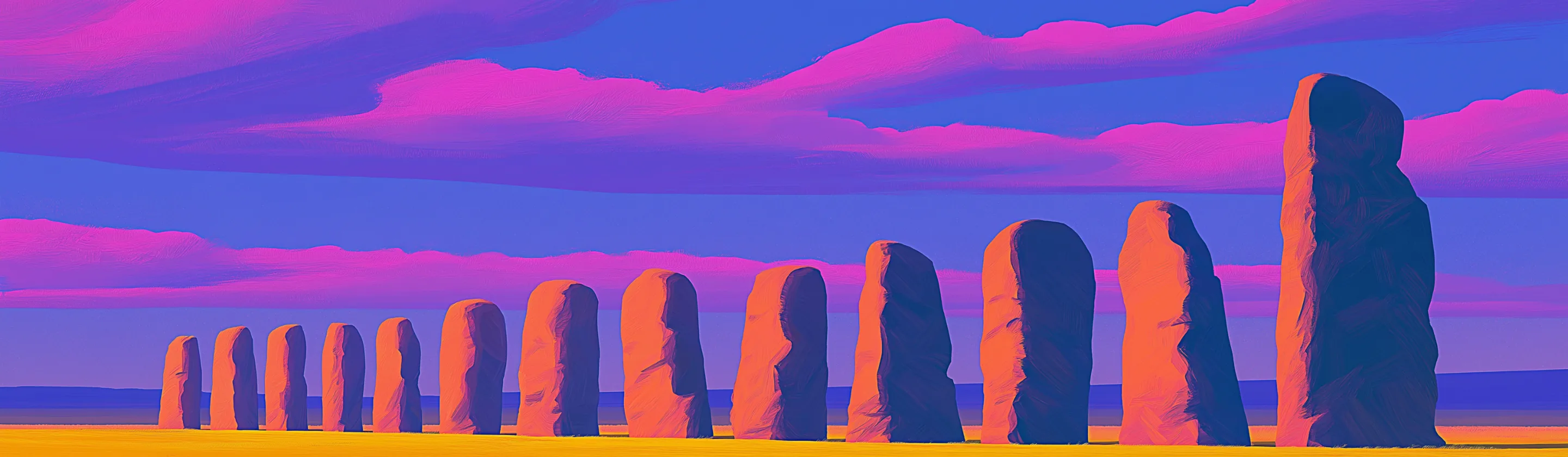 A long row of standing stones along a shoreline at dusk