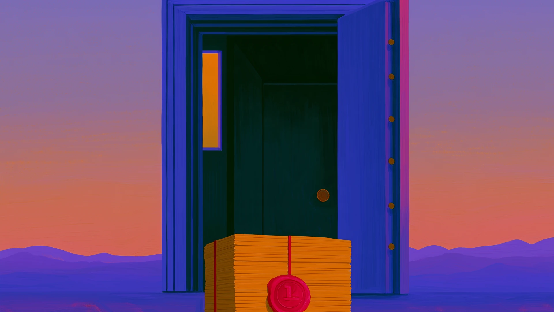 A painted vault door standing open at dusk, a sealed stack of papers waiting at its threshold.