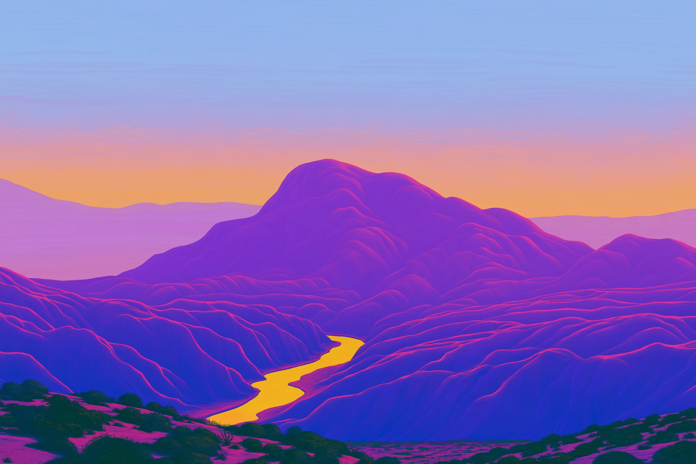 A golden river winding through violet hills toward a single mountain at dusk.