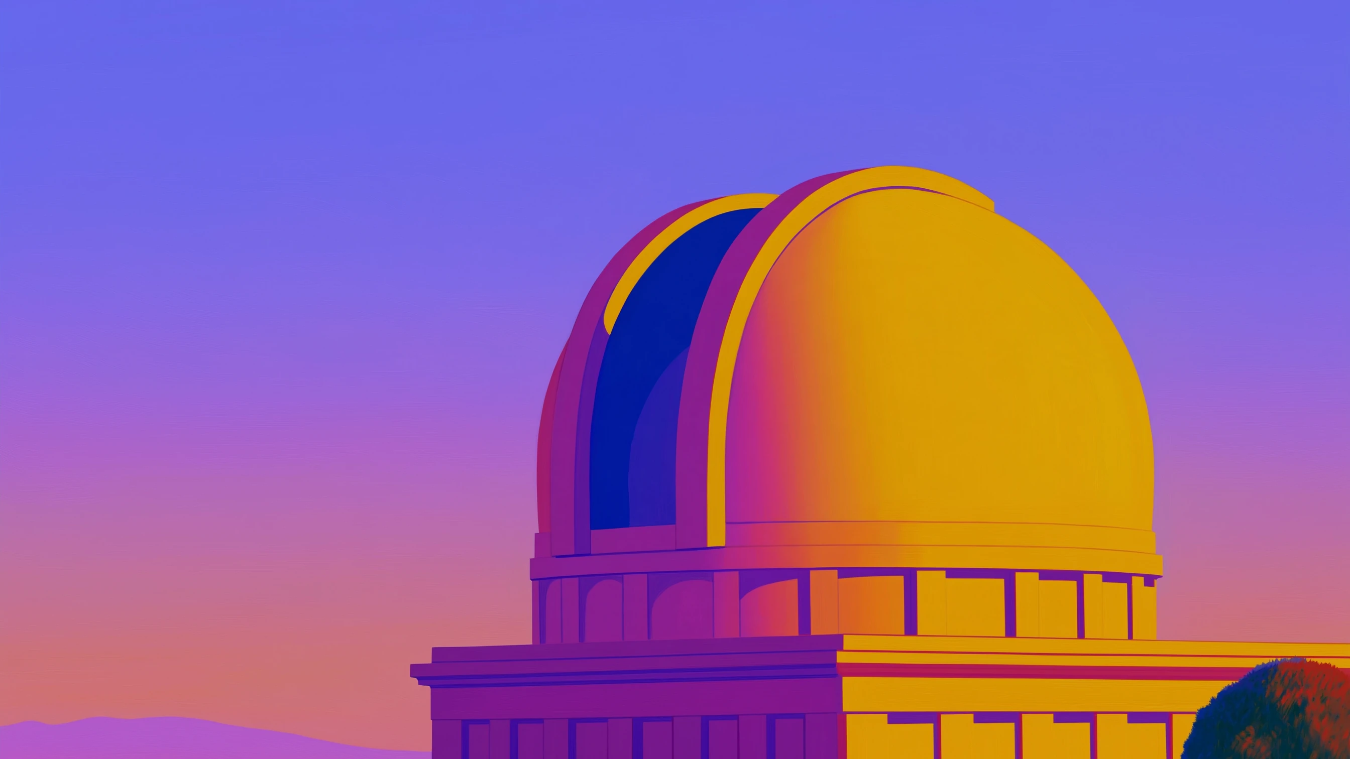 A golden observatory dome against a violet evening sky.