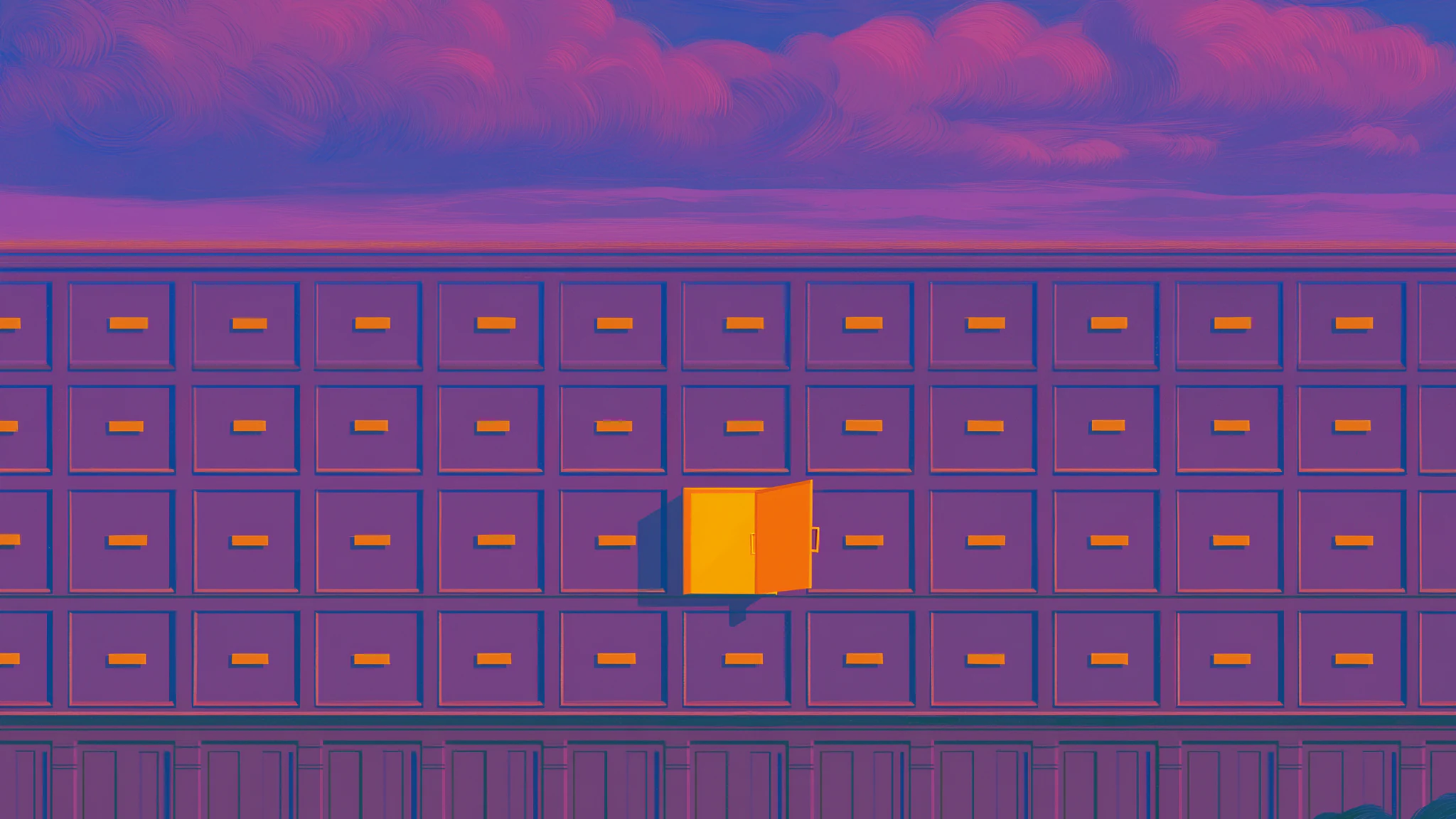 A wall of painted filing drawers at dusk, one drawer lit and open