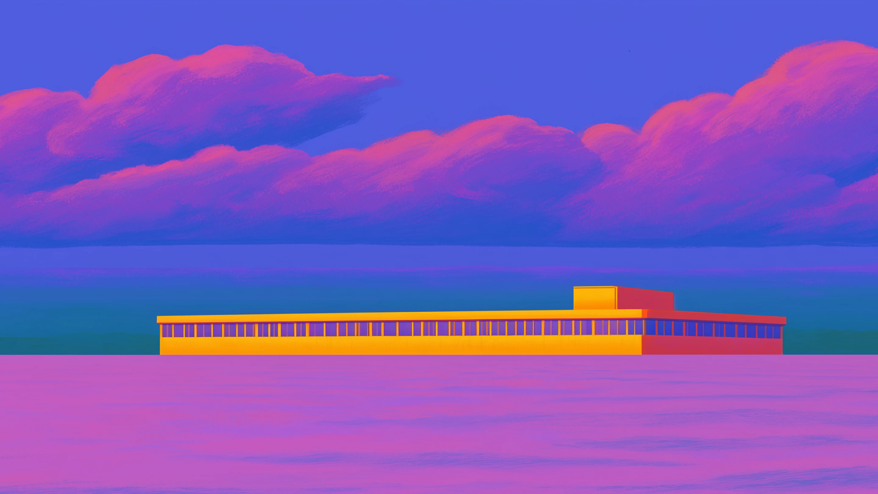 A long golden building on a flat violet plain under pink clouds at dusk.