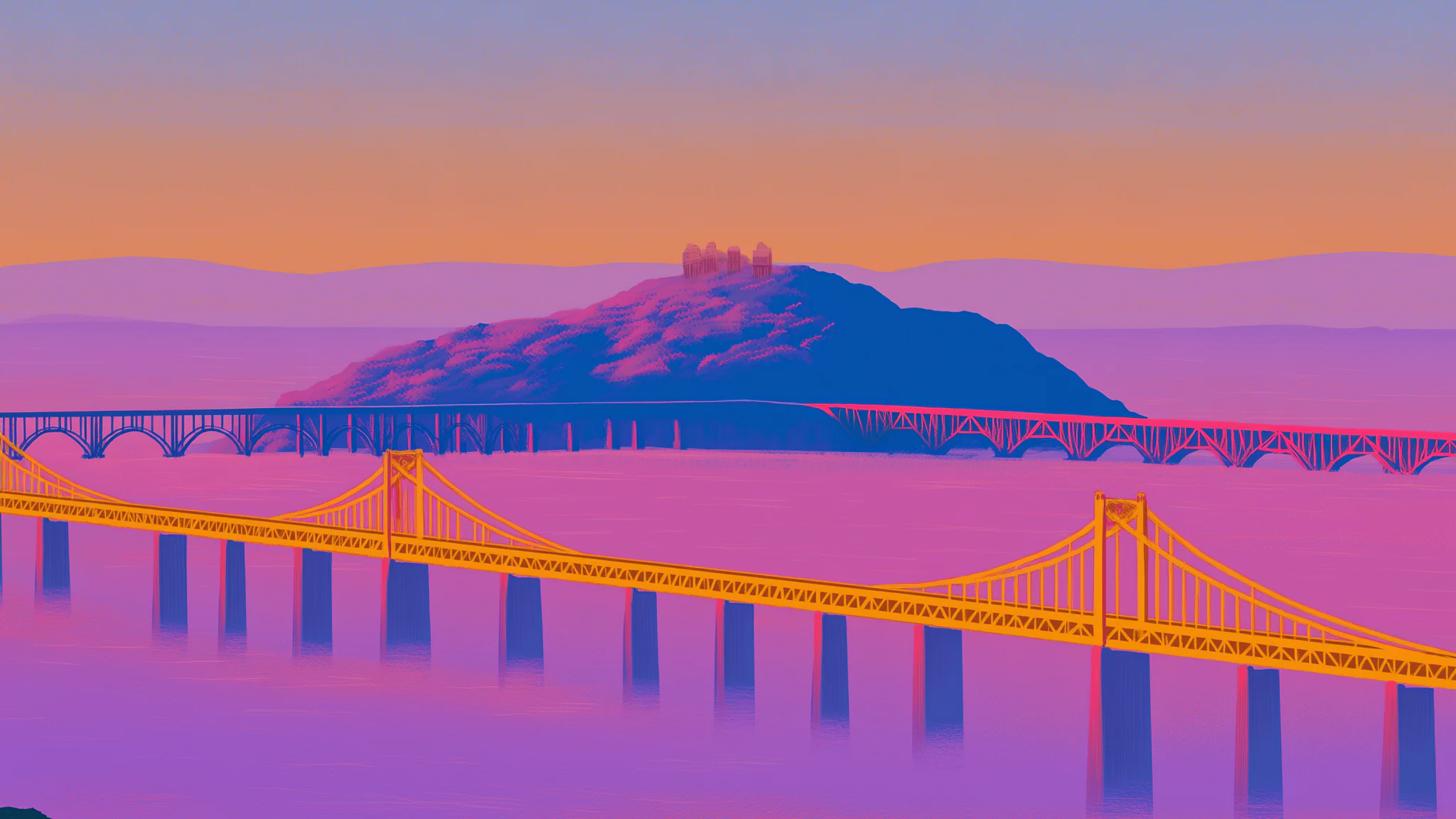 A painted suspension bridge crossing a misty violet bay at dusk, a hill with a small town behind it