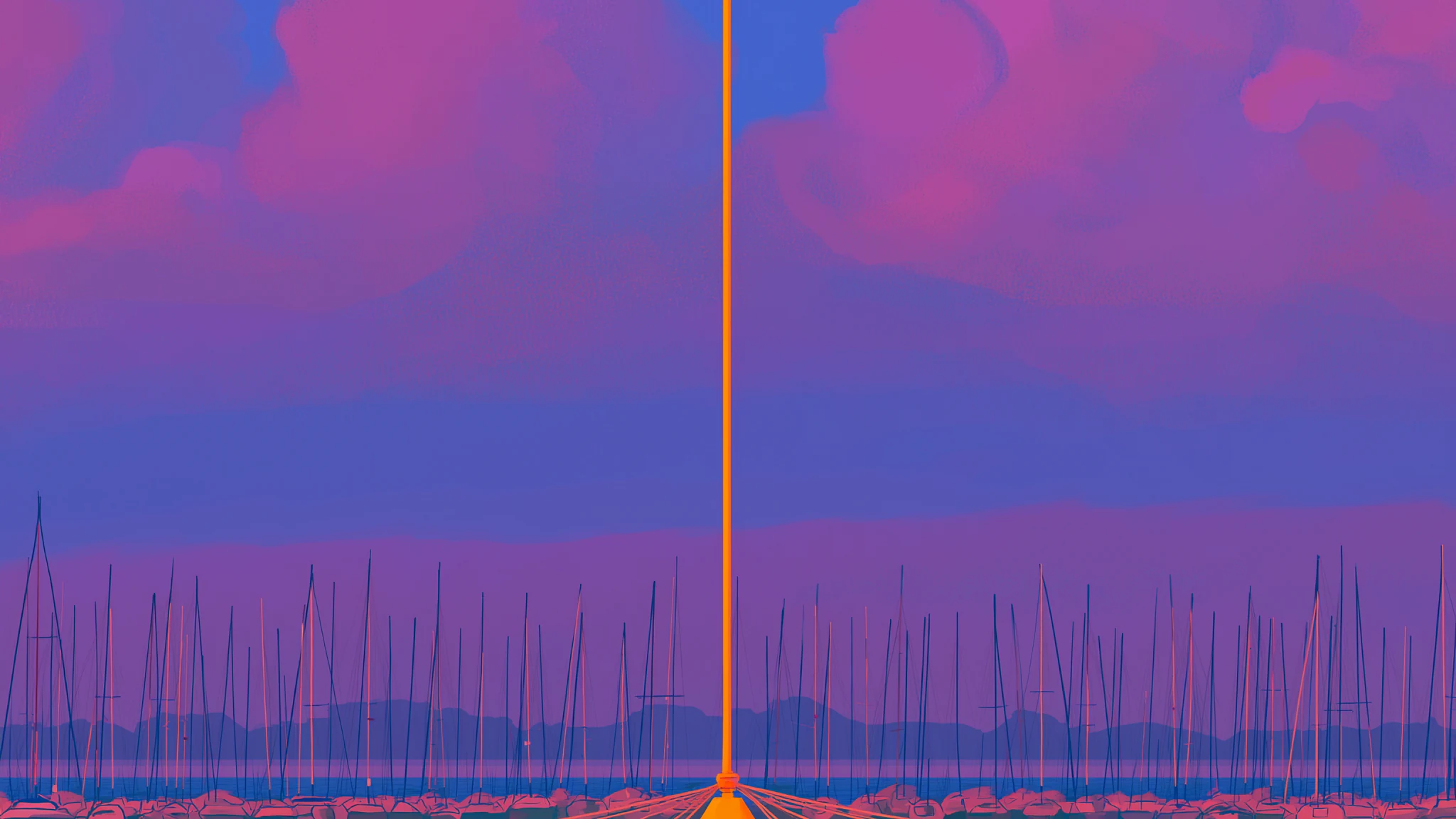 A tall mast with a glowing beacon above a harbour full of sailboats at dusk
