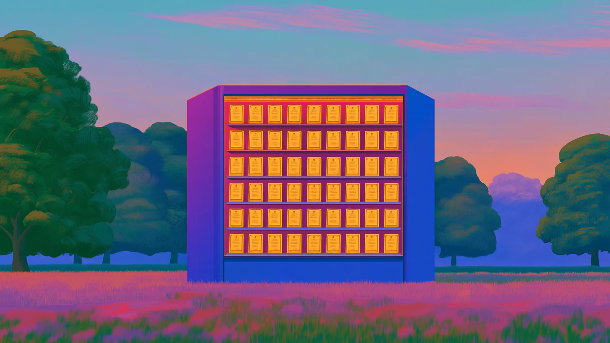 A tall grid of glowing golden windows standing in a meadow between painted trees