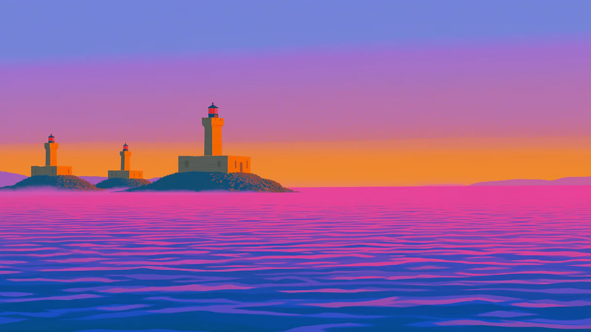 Small lighthouses on rocky islets across a calm sea at sunset