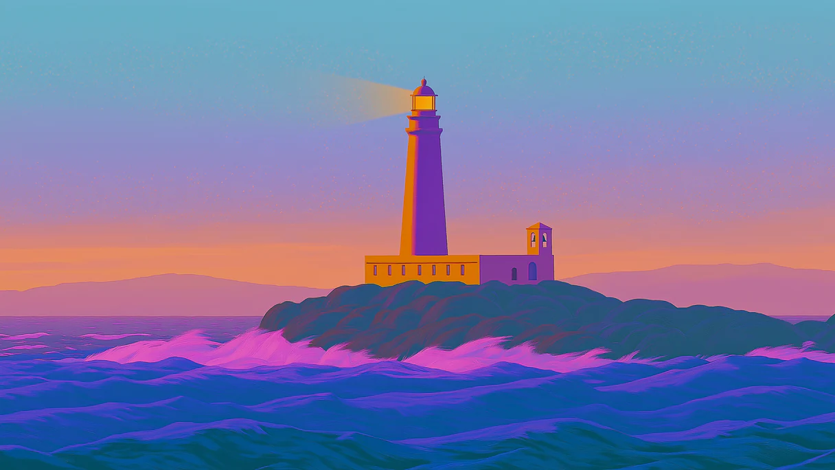 A lighthouse beaming over rough violet water at dusk