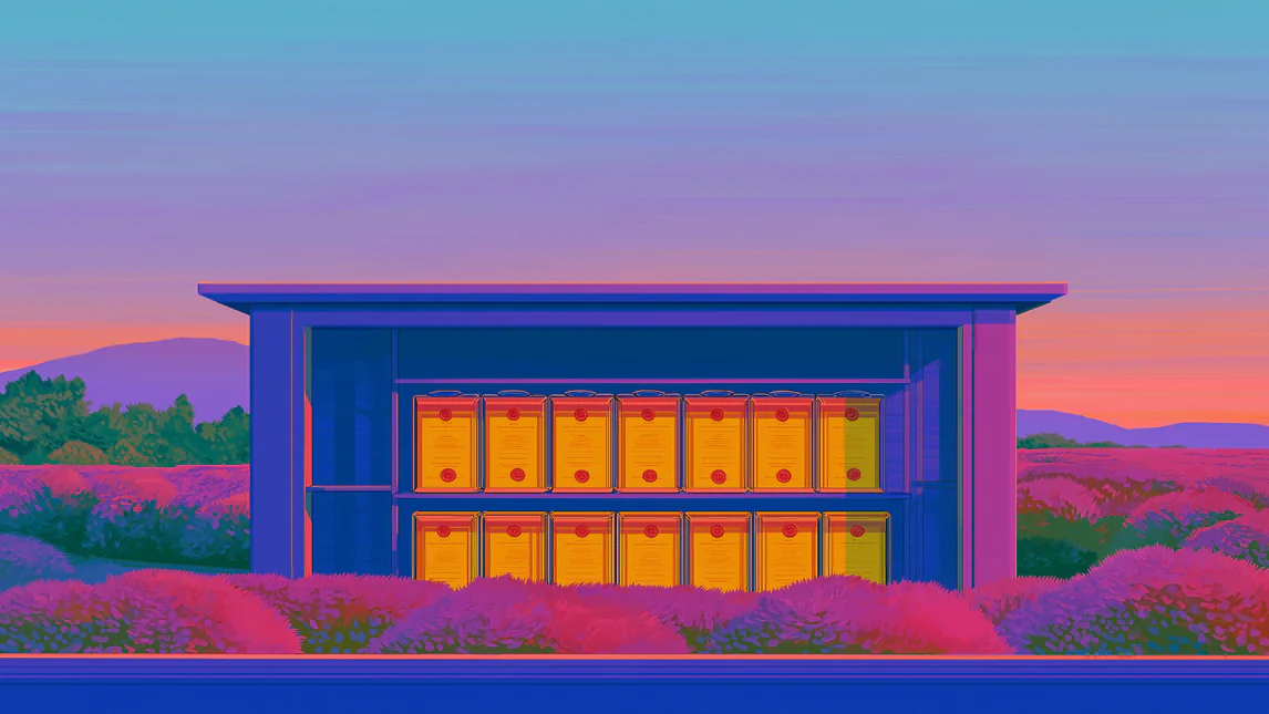A long hall of sealed lit windows at dusk, the incident shut down and held