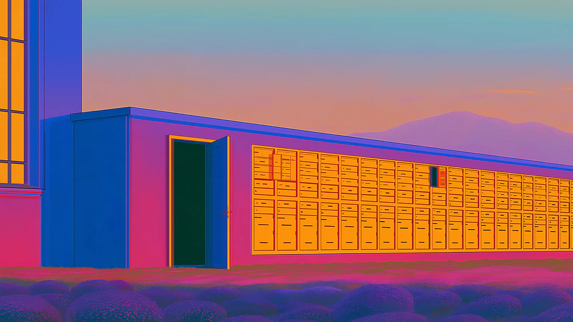 A facade of lit mailboxes at dusk, notices dispatched to the regulator and Data Principals