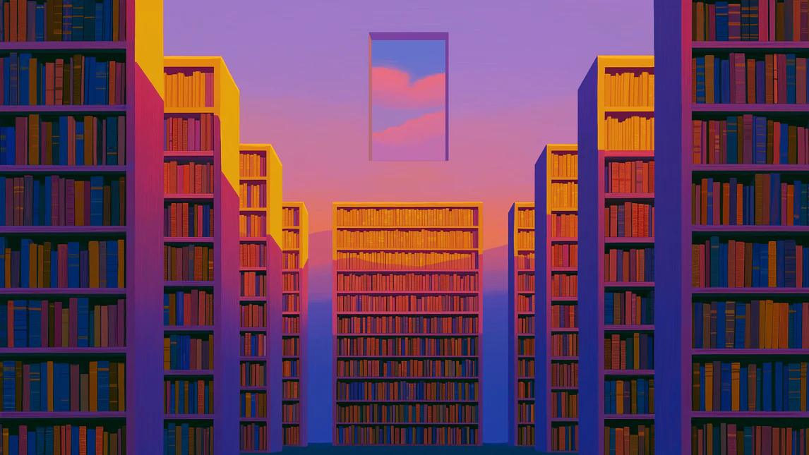 Tall bookshelves opening onto a sunset sky, the case reviewed, filed and closed