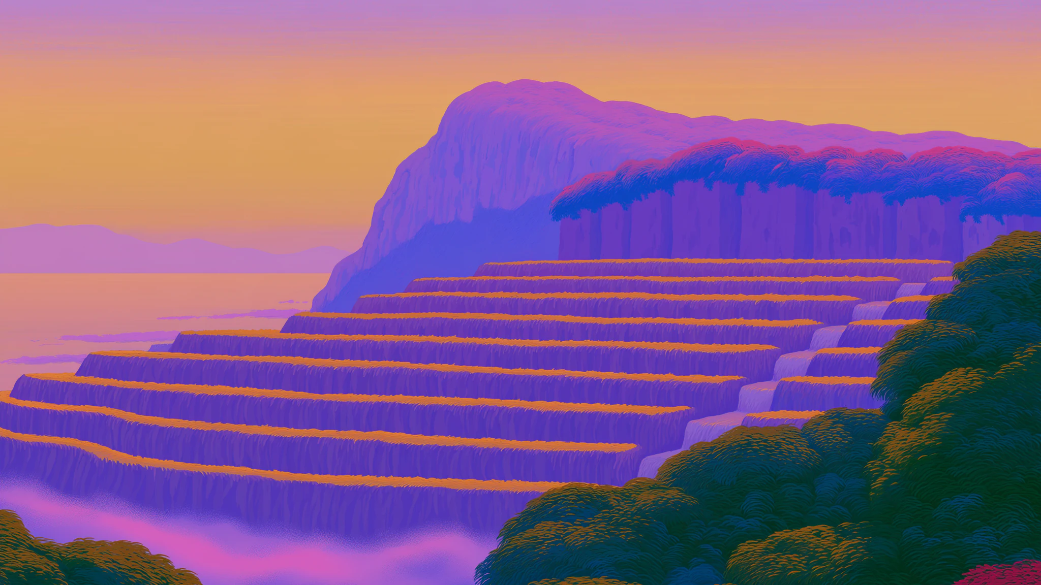 A painted terraced cliffside above a misty violet sea at sunset.