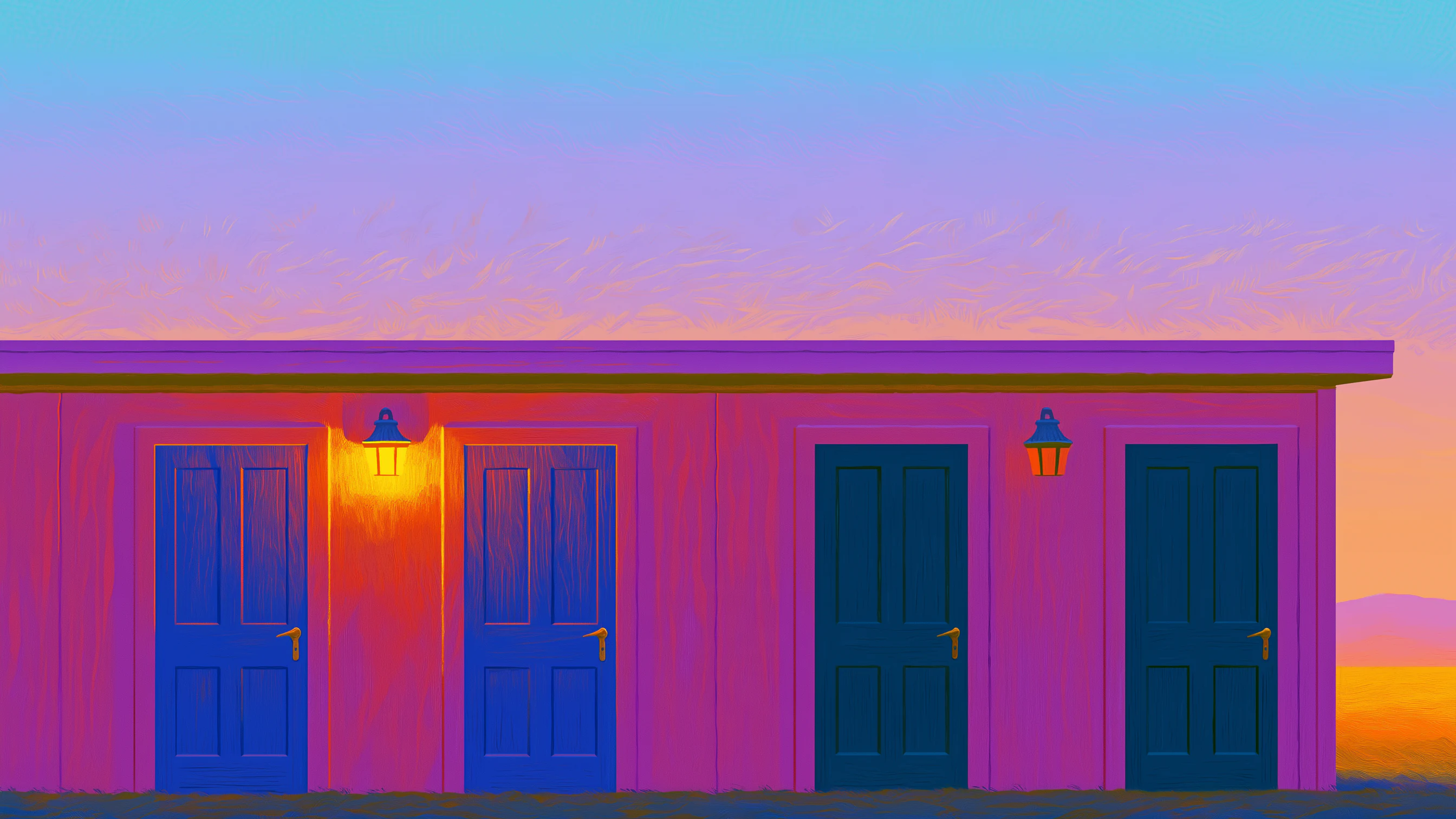 A painted pink storehouse with blue doors and warm wall lamps at sunset.