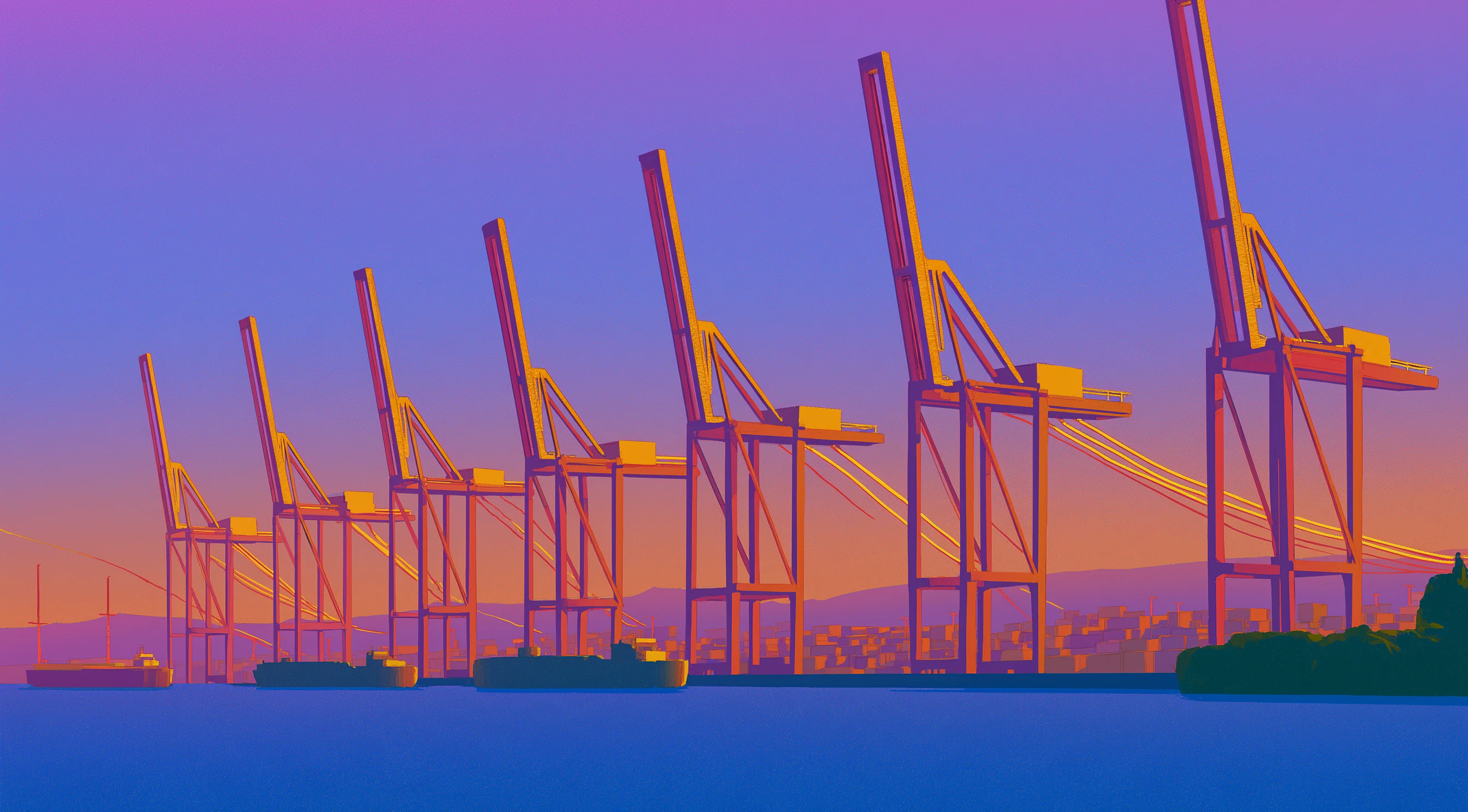 A painted row of harbour cranes along a quay at dusk.