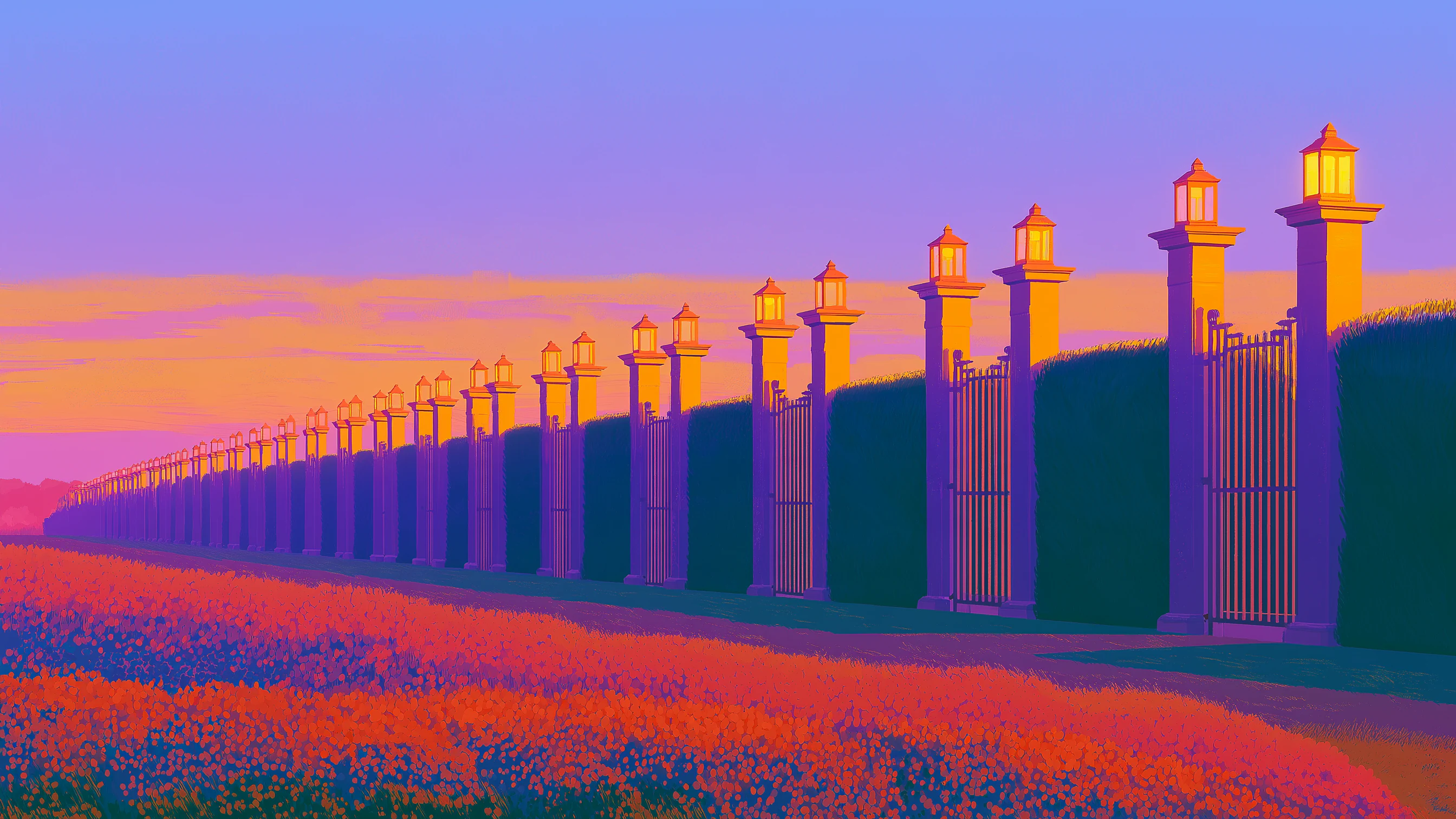 Painted gate pillars topped with lamps beside a flowered field.