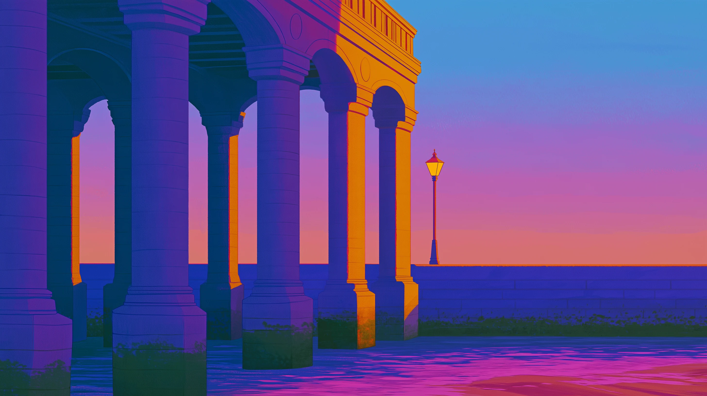 A colonnaded seaside walkway at dusk with a single lit street lamp overlooking the water.
