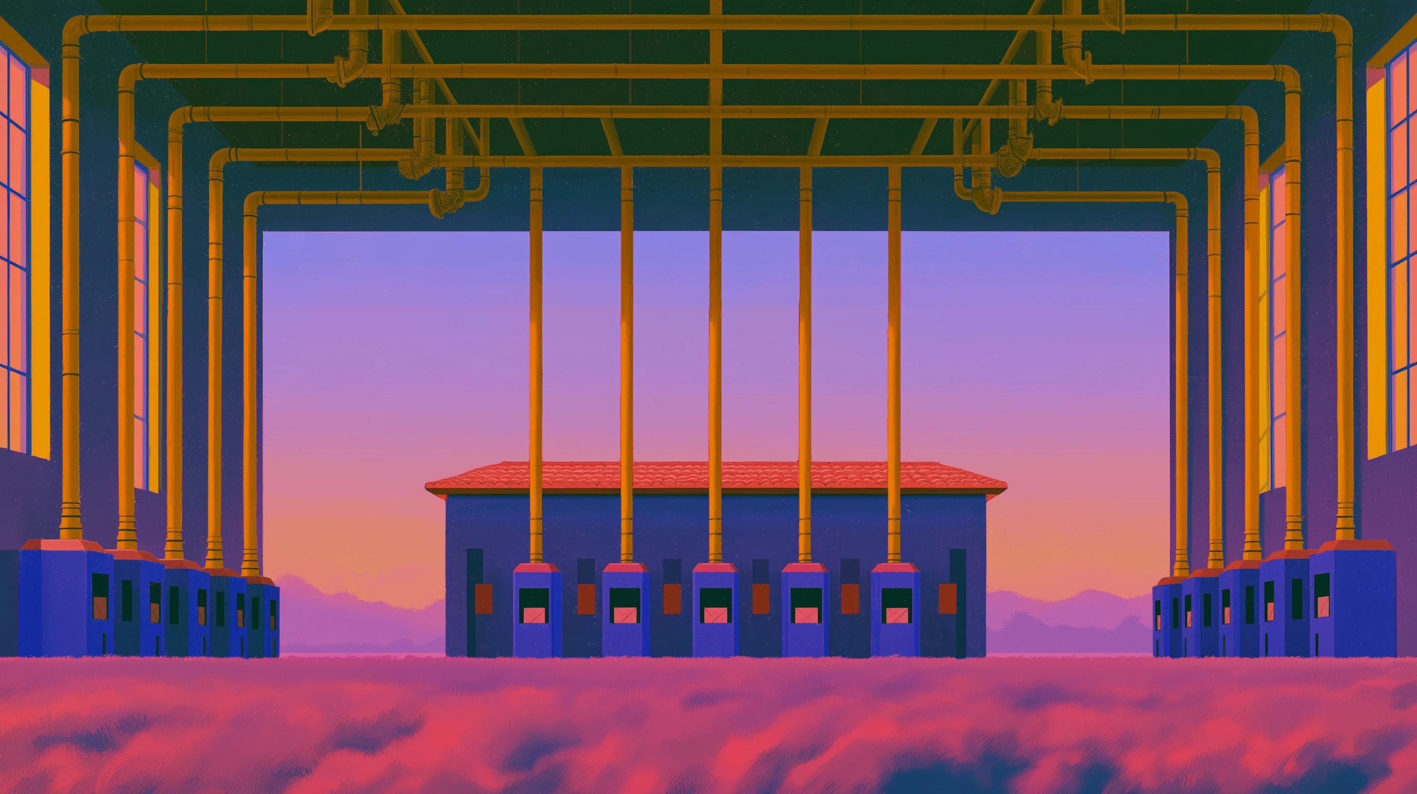 An industrial building with a row of pipes converging downward into rooftop vents at dusk.