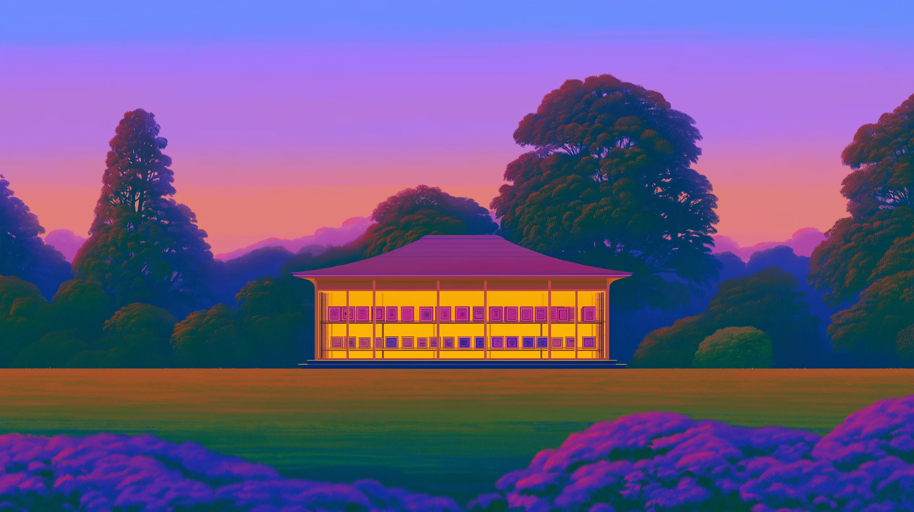 A glowing pavilion-style building lit from within, framed by tall trees at dusk.
