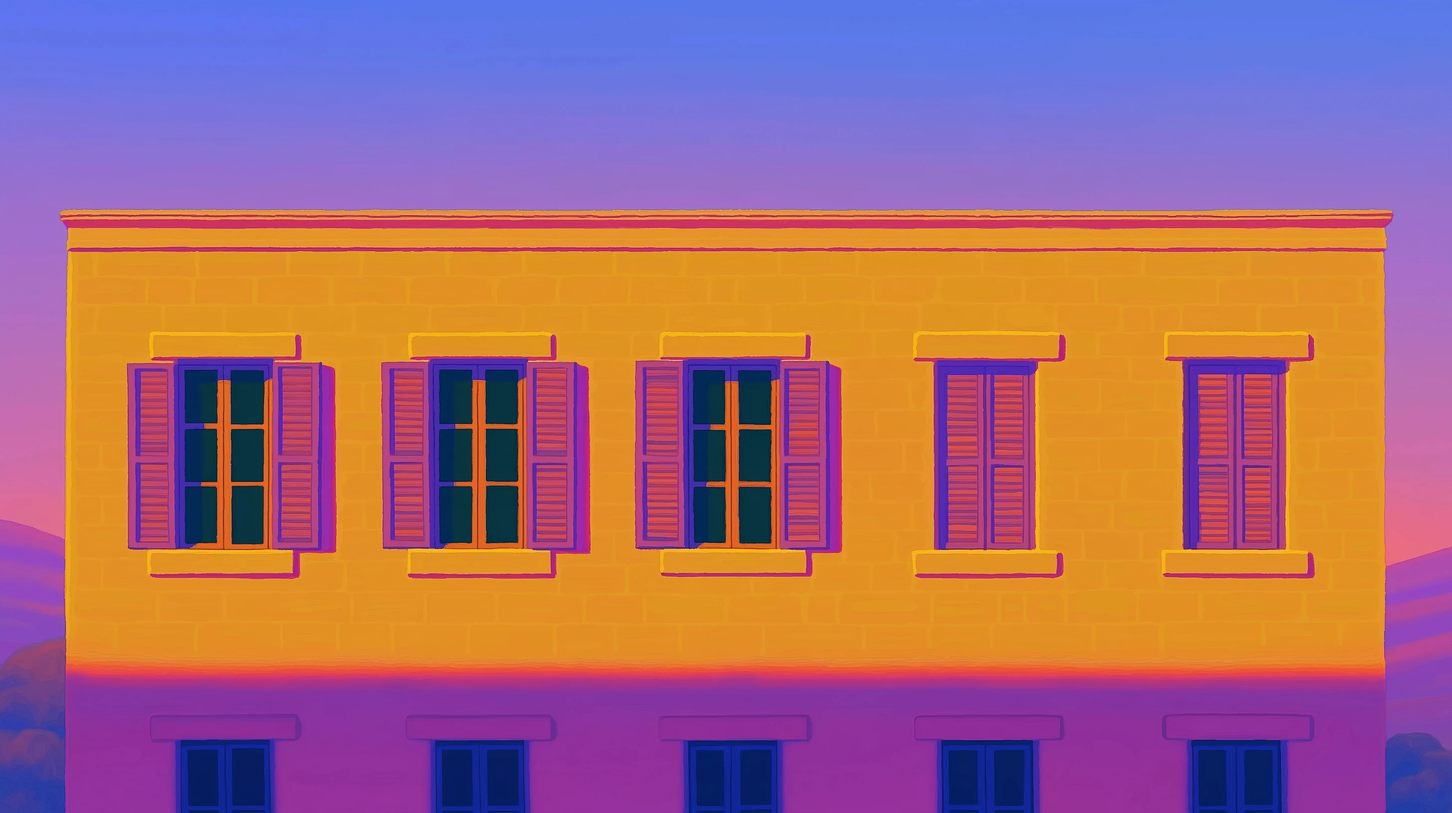 A building facade with a row of shuttered windows lit at dusk.