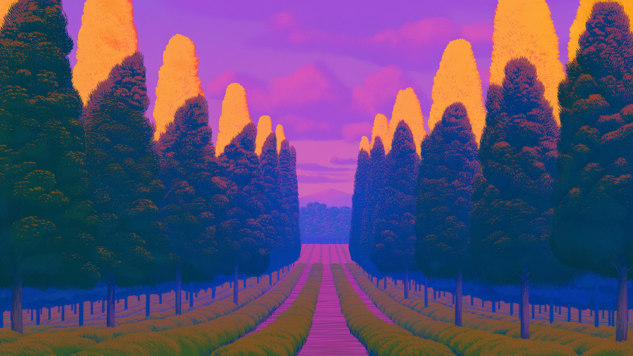 A tree-lined path running through a cultivated field at dusk, framed by tall trees with golden-lit tops under a pink and purple sky.