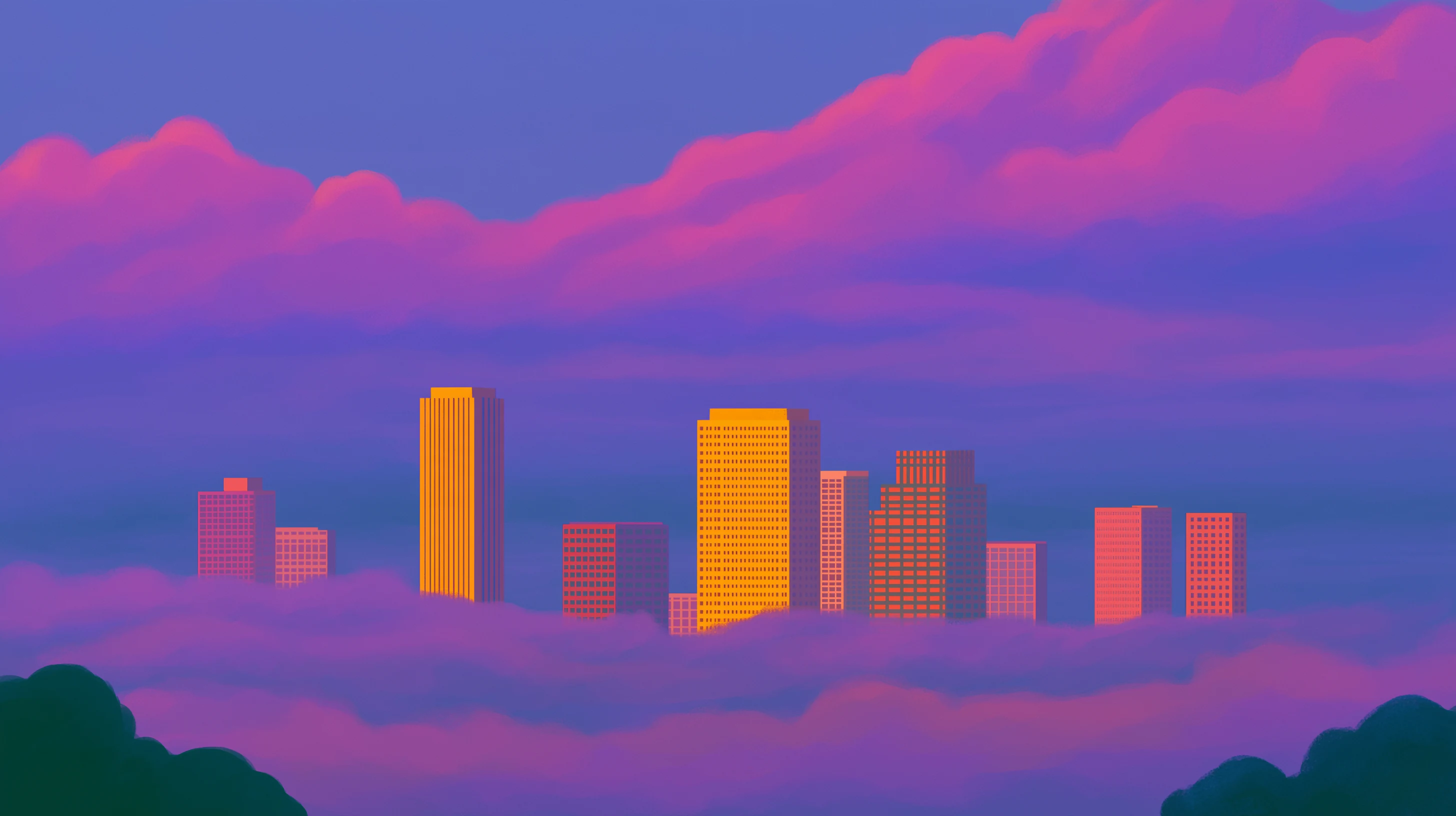 A city skyline of illuminated towers rising above a layer of clouds at dusk.