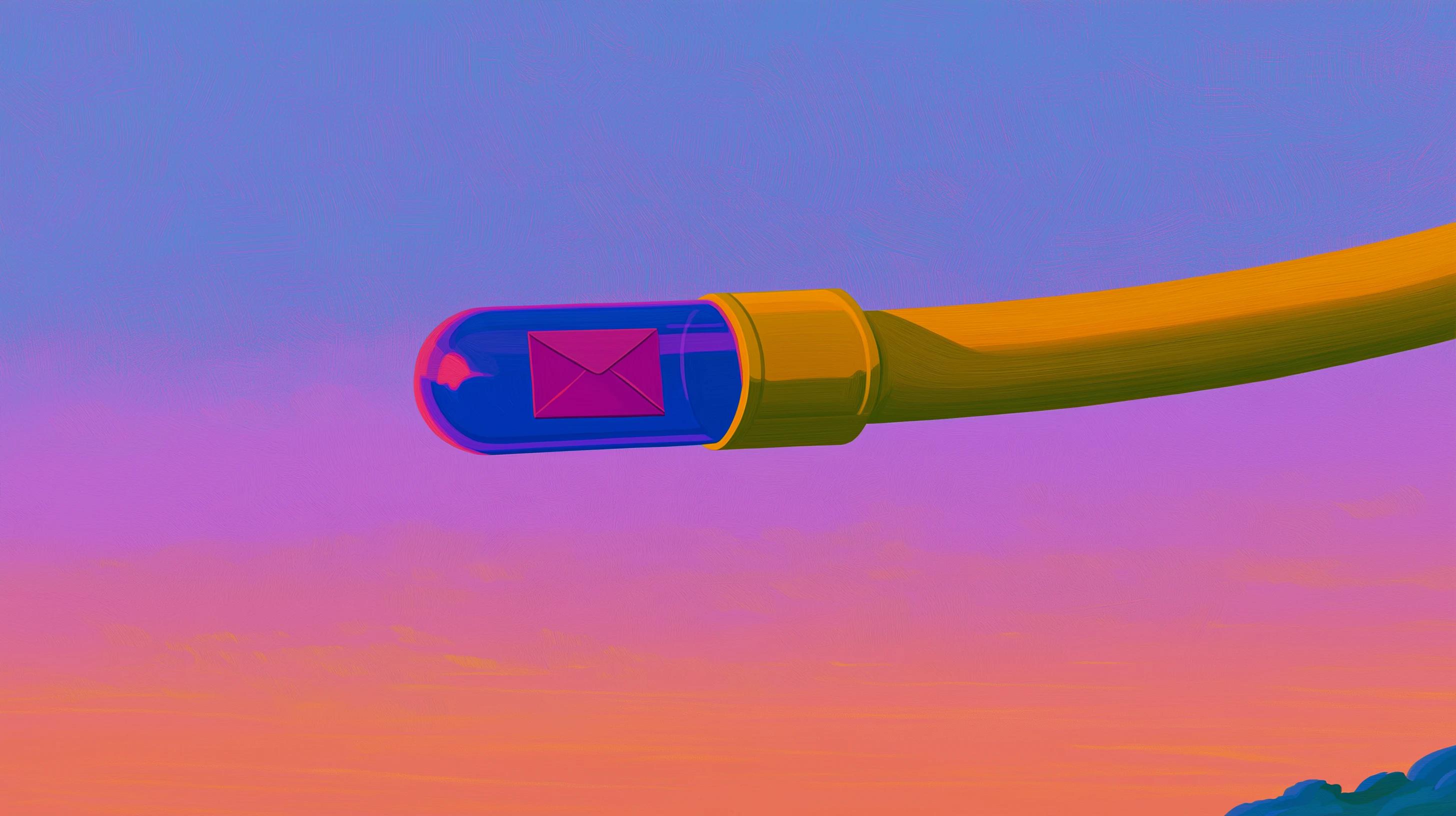 An illustrated capsule-shaped object marked with an envelope icon, trailing a streak of light across a dusk sky.