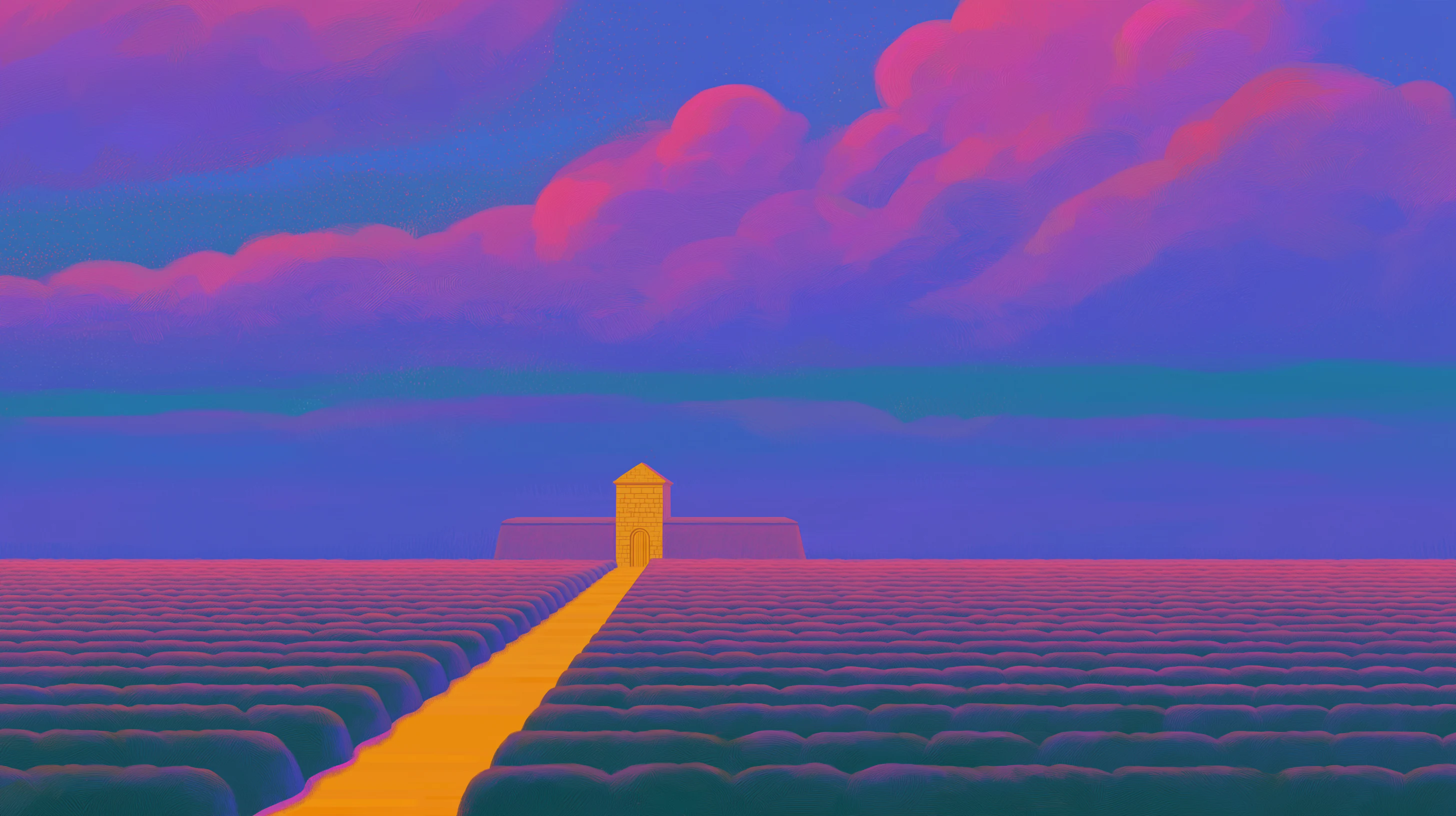 A straight path through a cultivated field leading to a small stone gatehouse, under a pink and purple sky.