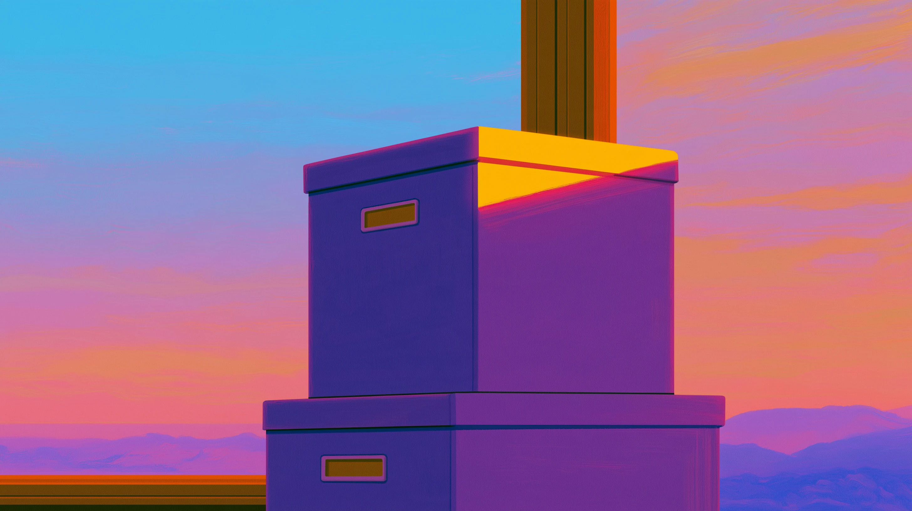 Two stacked file storage boxes with label tabs, set near a window overlooking hills at sunset.