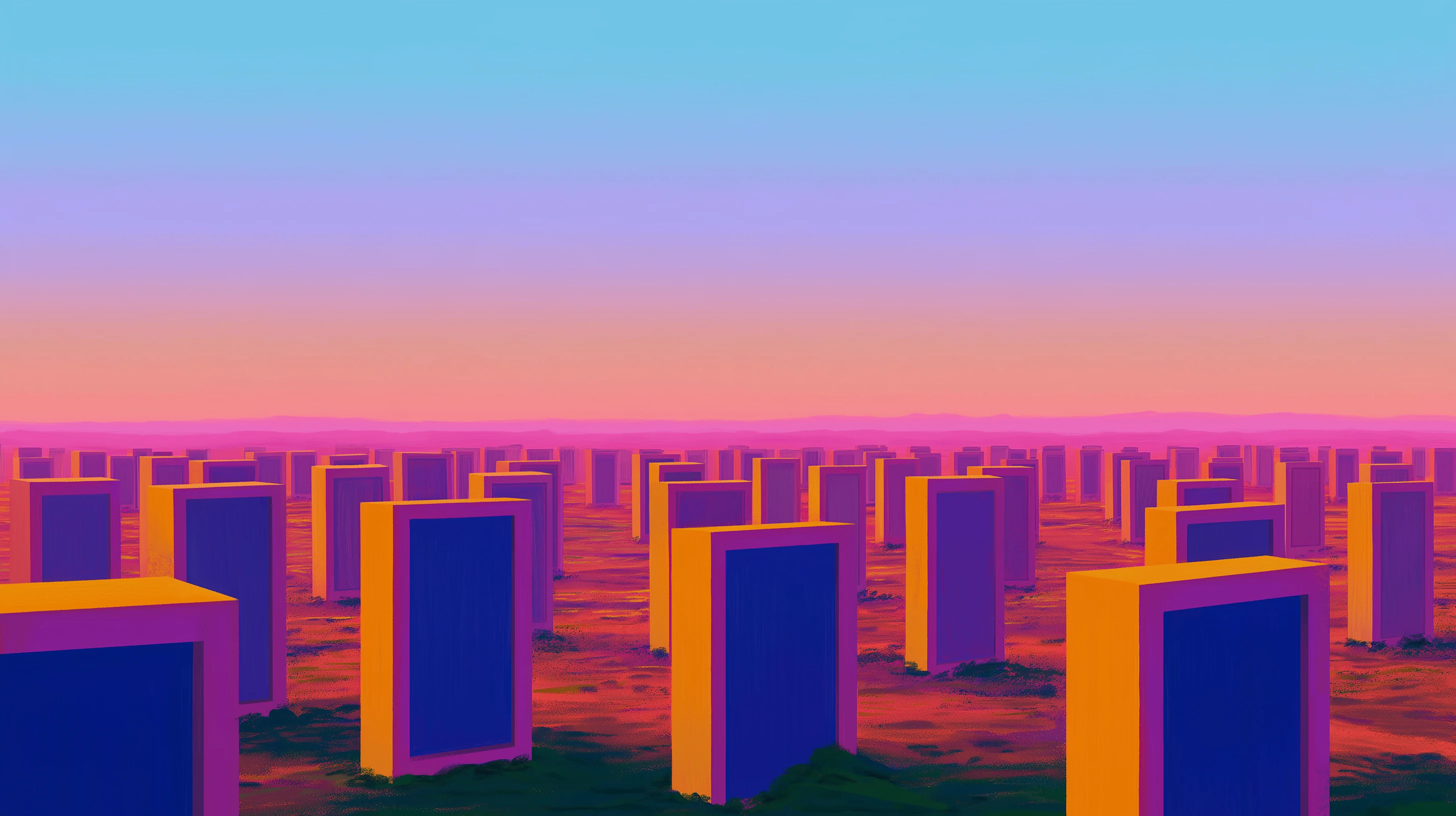 A wide field scattered with rows of upright rectangular blocks stretching to the horizon at sunset.